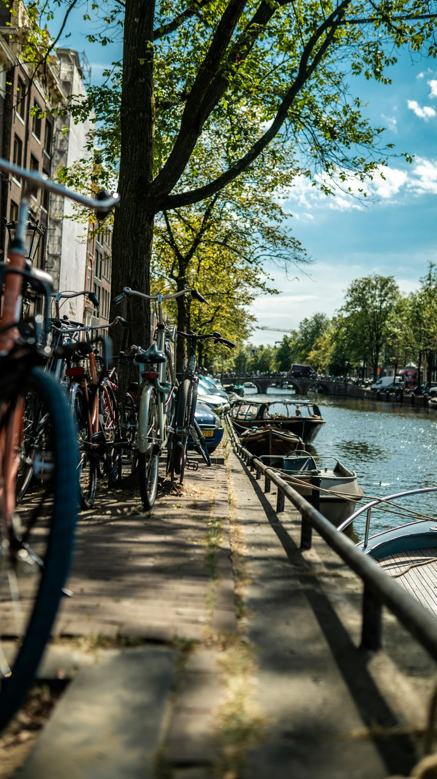 a bike parked on the side of a street by a body of water