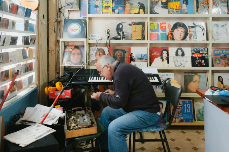 a man sitting on a chair playing a keyboard