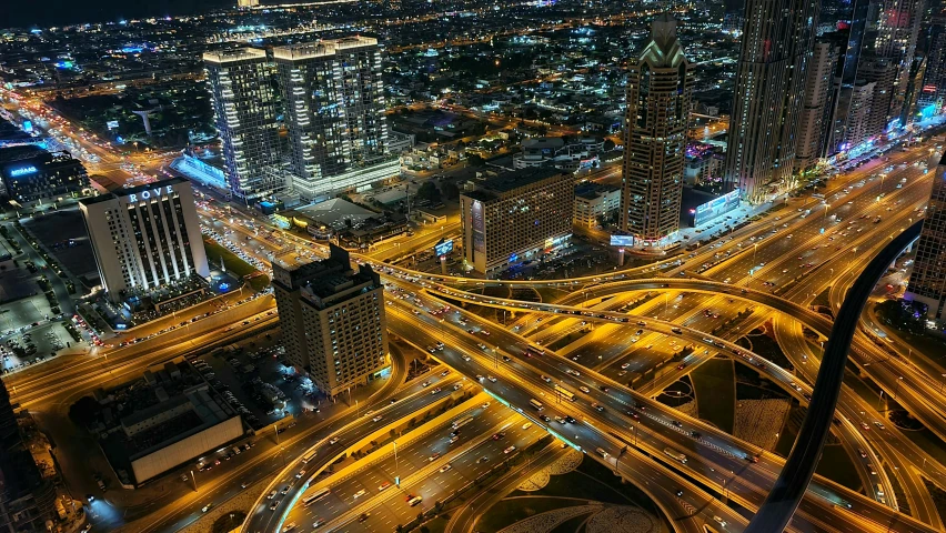 a city skyline with a view of the traffic and roads