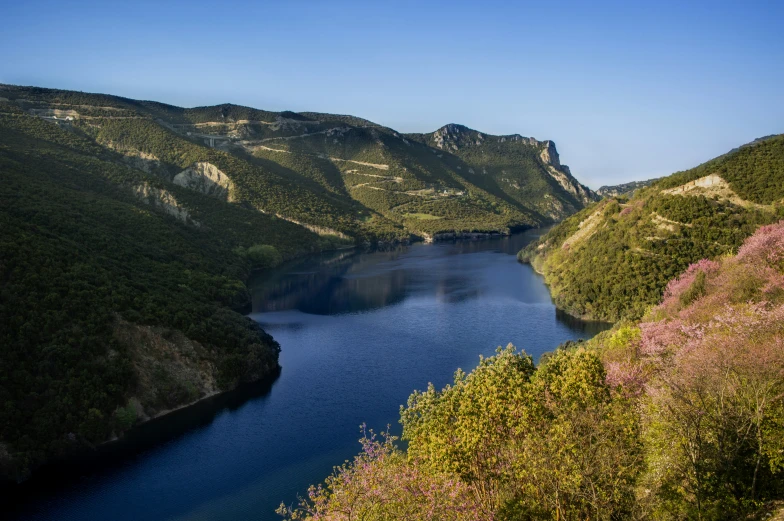 the water is blue and surrounded by wooded hills