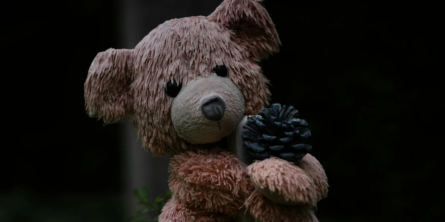 a brown bear holding a pine cone on his shoulder