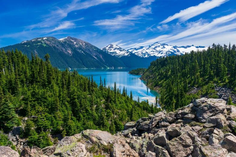 some mountain view from near a lake and trees