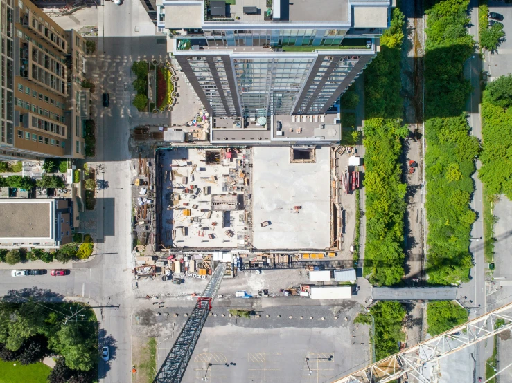 aerial view of construction area with building being constructed