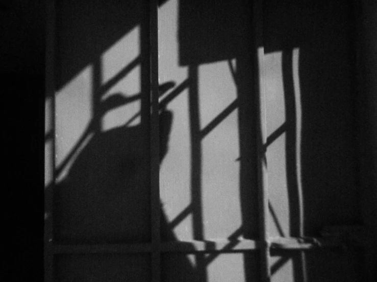 a man wearing a hat, leaning against a wall with bars and shadows