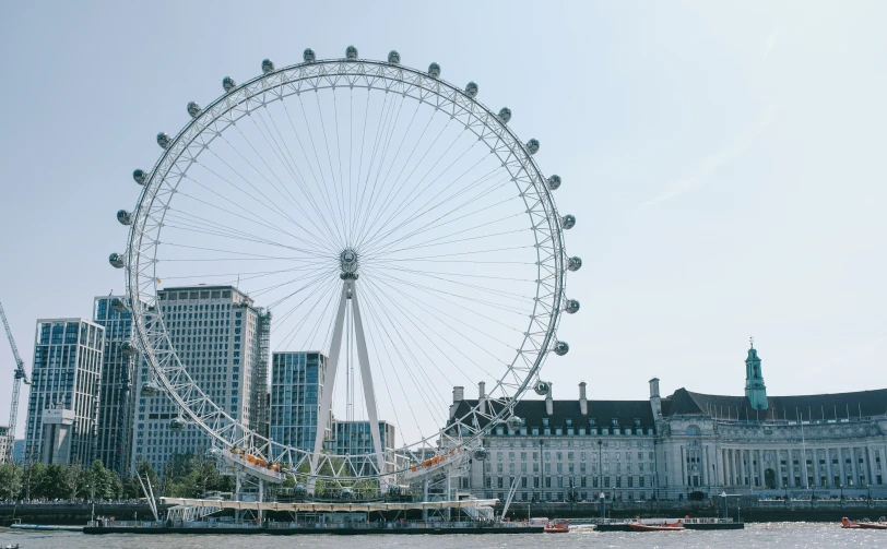 a ferris wheel sits in front of the water