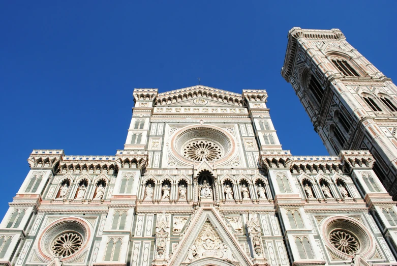 looking up at a very large cathedral with massive statues