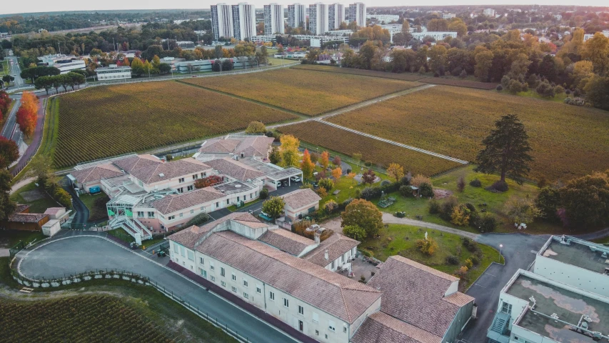 an aerial s of a mansion with many trees