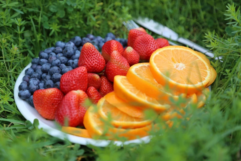 an arrangement of fruits on a bowl in the grass