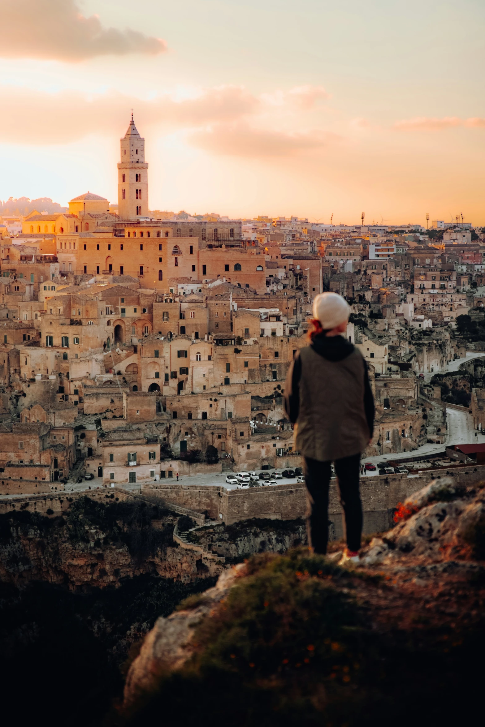 a person standing on top of a cliff looking at buildings