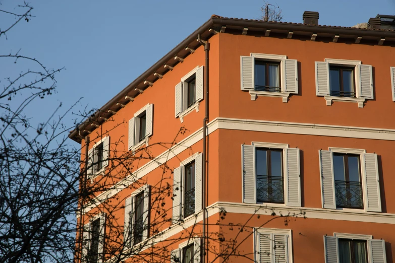 a building with three story windows next to a tree