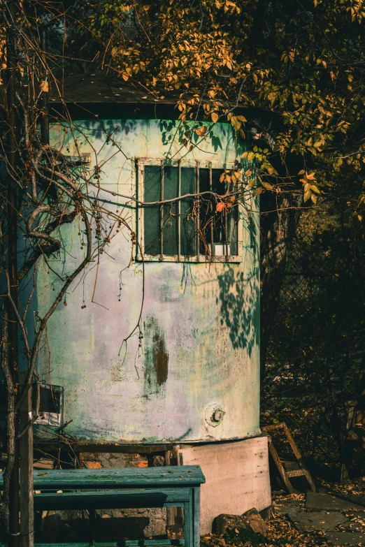 an old building with a small window is surrounded by trees and fallen leaves