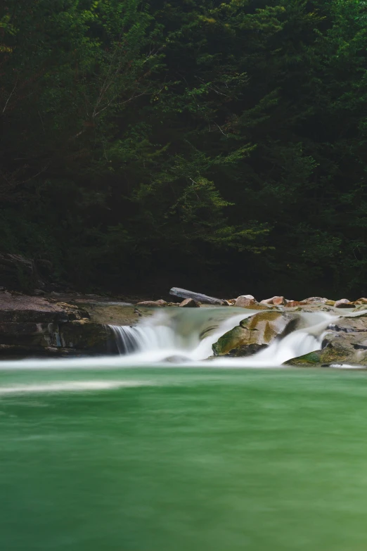 the water is green and clear near the rocks