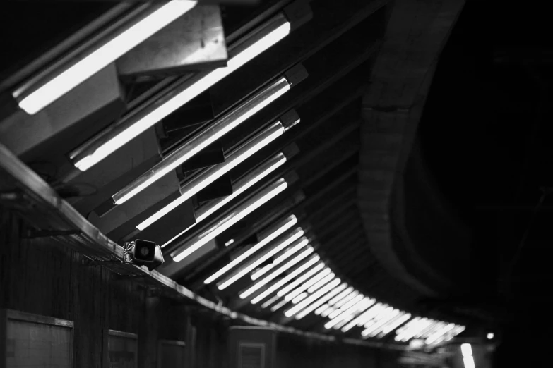 this is an architectural hallway in black and white