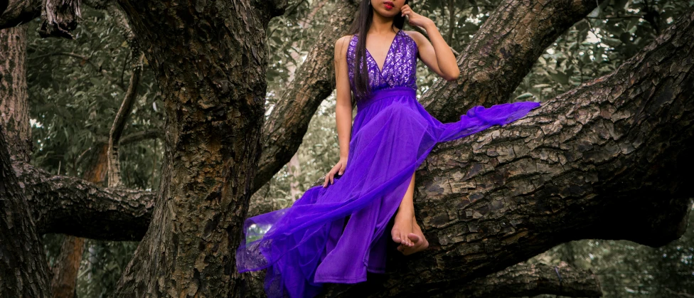 a girl in a purple gown sits on a tree and holds a cell phone up to her ear