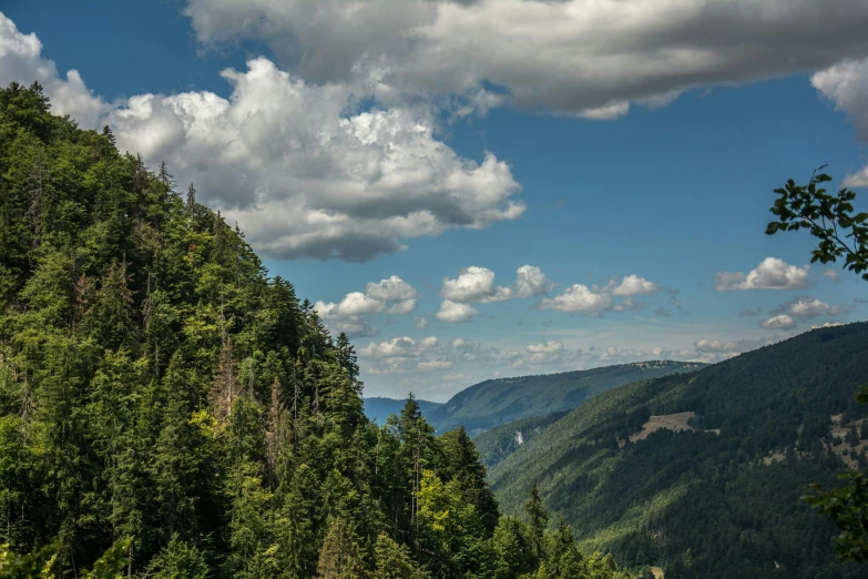 mountains with trees on them and a cloudy blue sky above