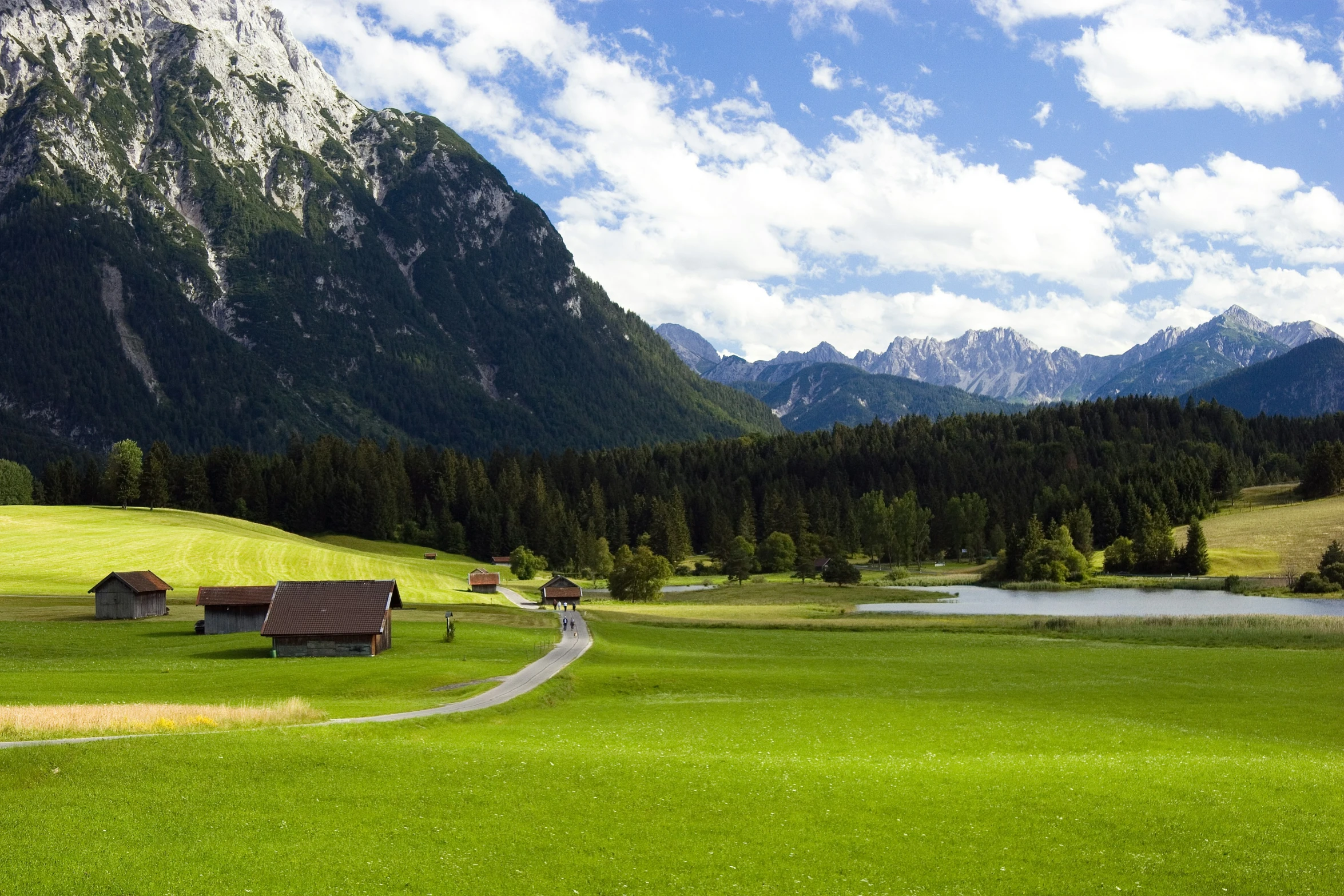 a wide open field with some benches in front