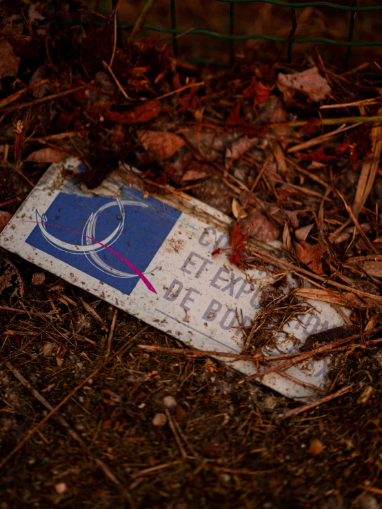 an old sign on the ground in leaves and straws