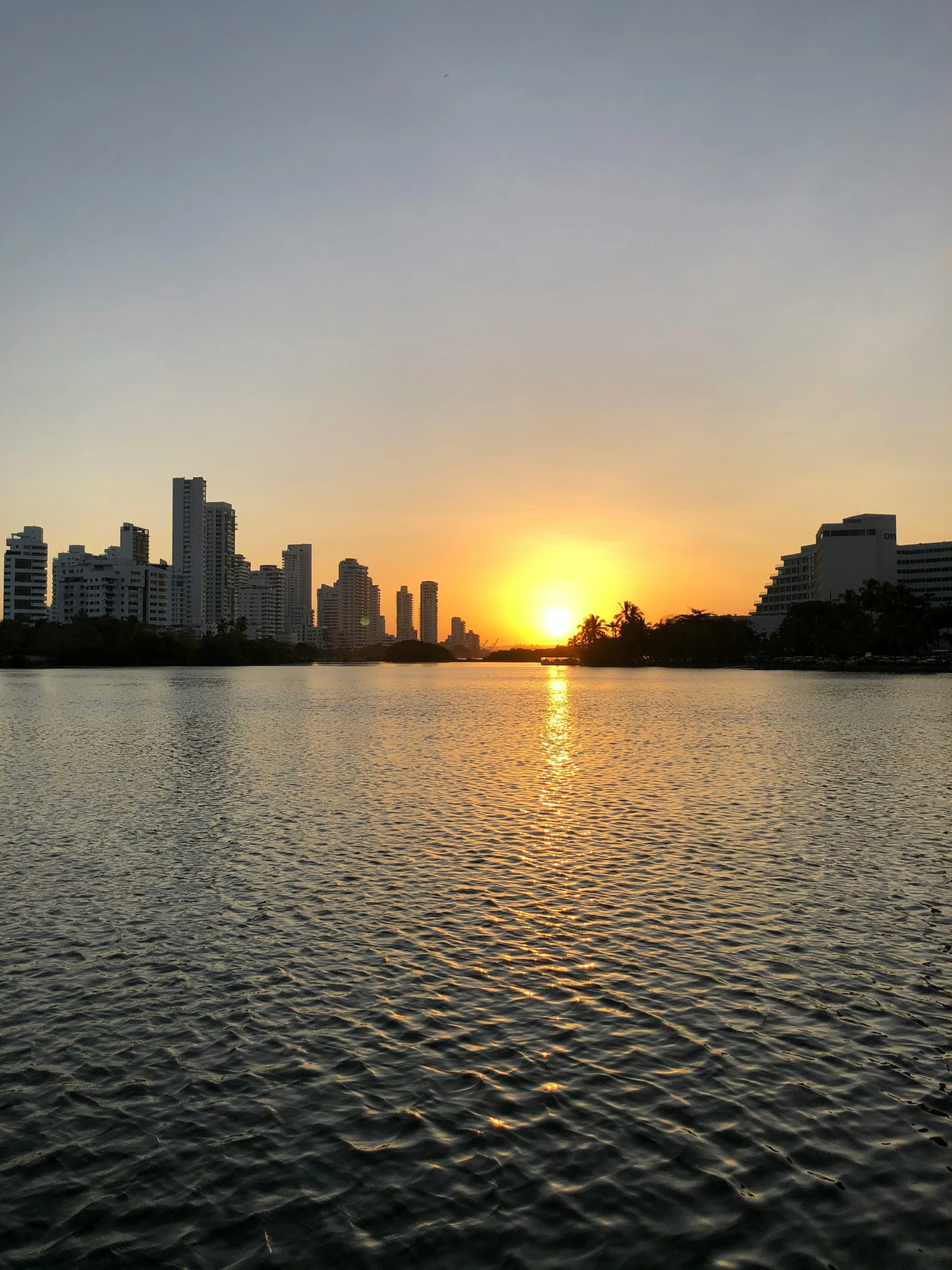 a sunset view of a large body of water