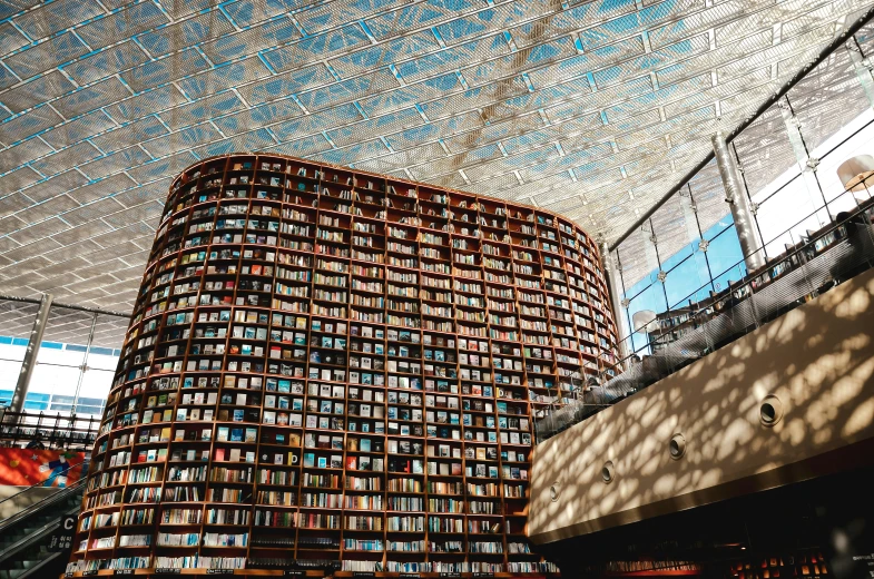 the building has multiple windows and books all over it