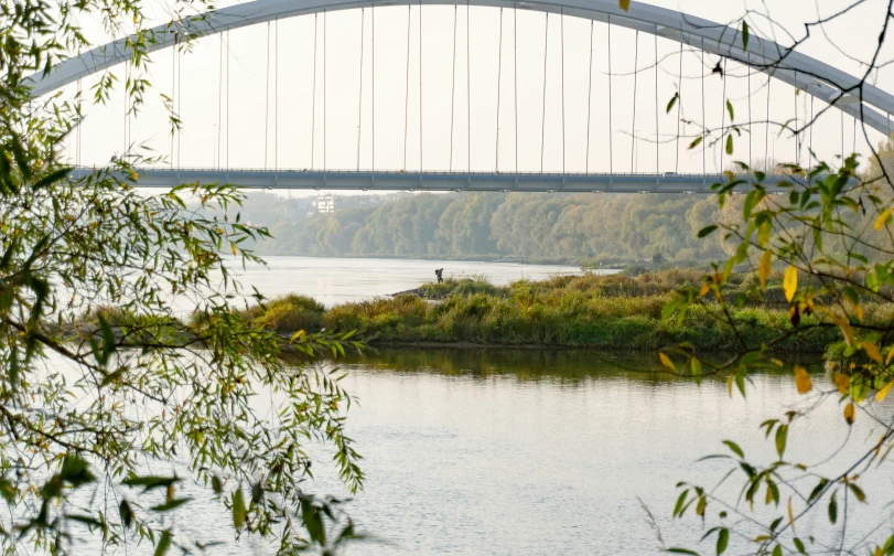 a man standing in the water under a bridge