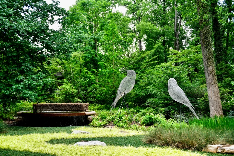 two metal owls are near the top of the tree