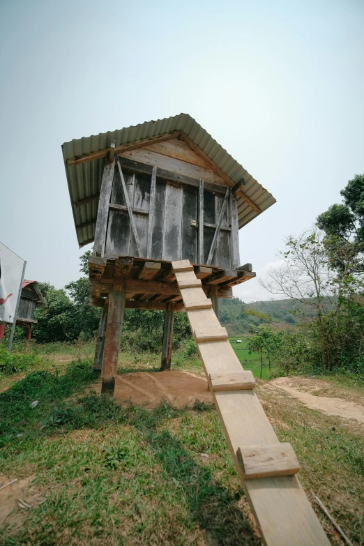 the wooden structure is surrounded by greenery