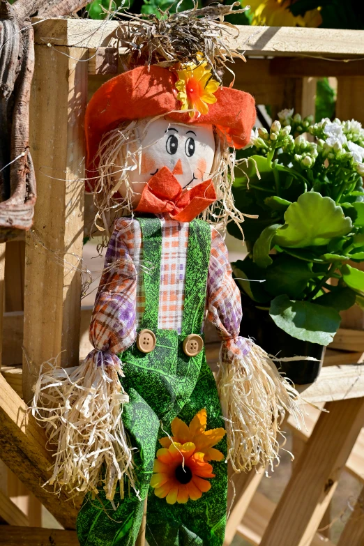 the scarecrow is holding a daisy wreath