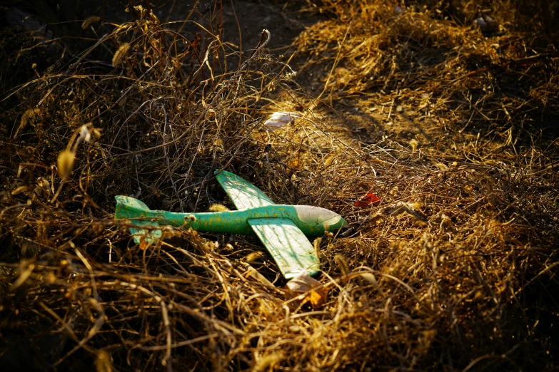 two green airplane shaped objects laying on the ground