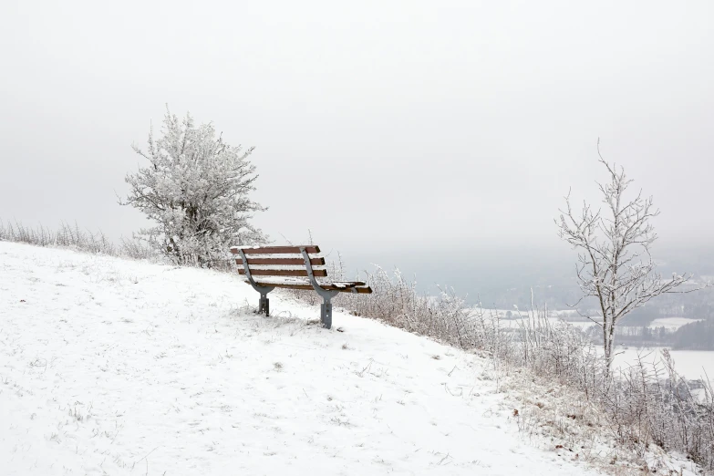 a bench sitting on top of a snow covered hillside