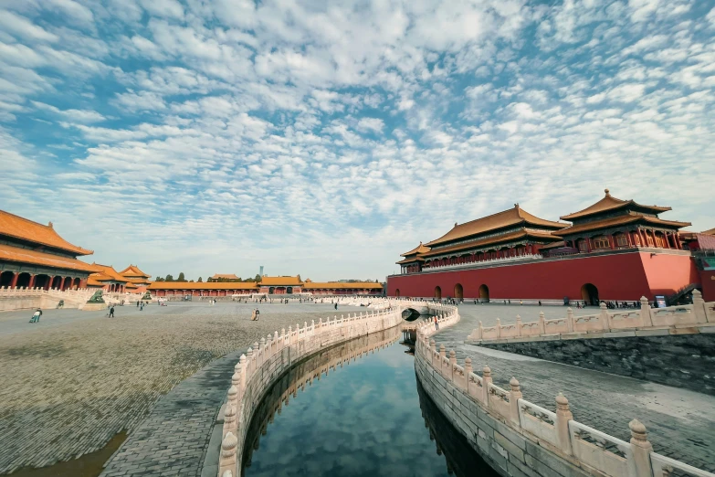 there is a river in the middle of a large courtyard