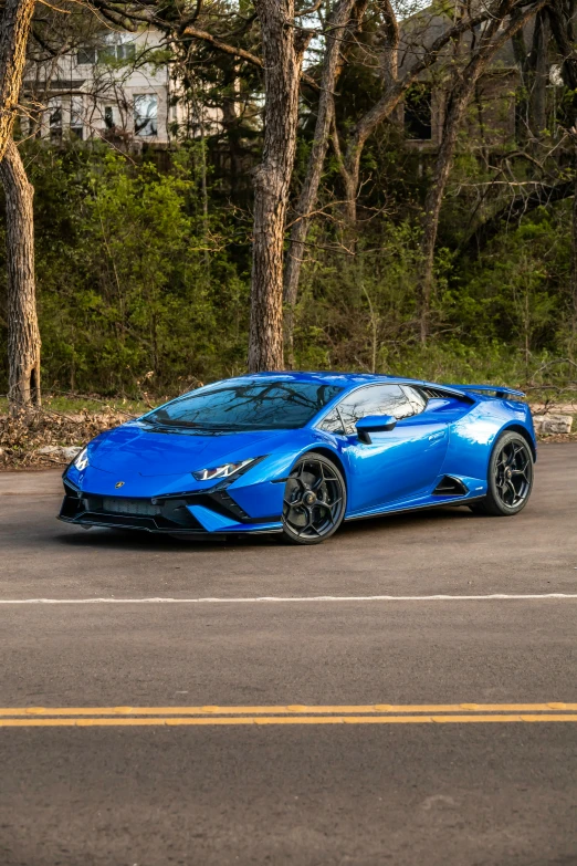 blue lamb - like car sits on a street corner near some trees