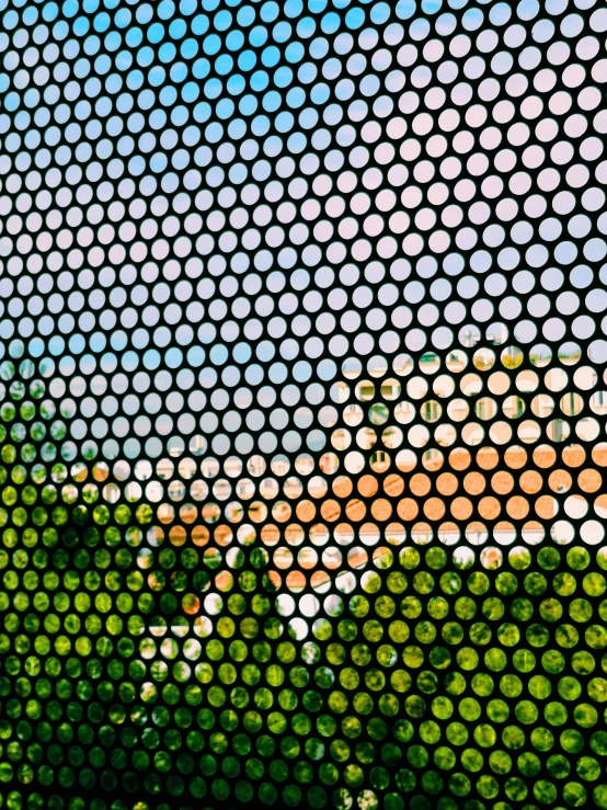 an old picture of some mountains through a mesh
