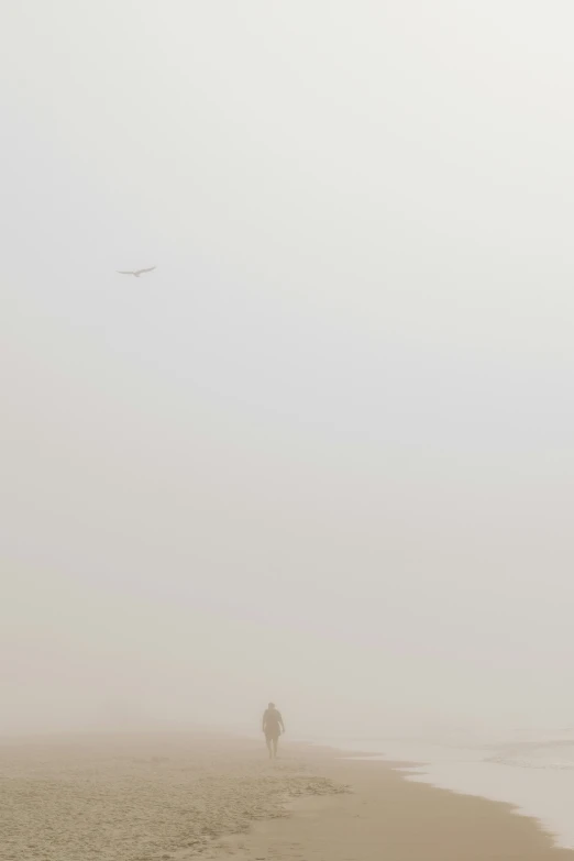 an airplane flying over a foggy beach and person walking on the sand