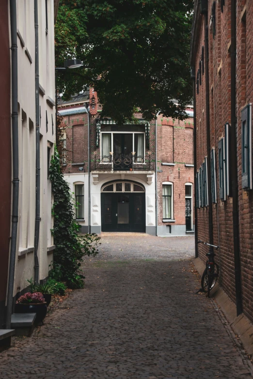 a cobblestone street next to buildings and a bike