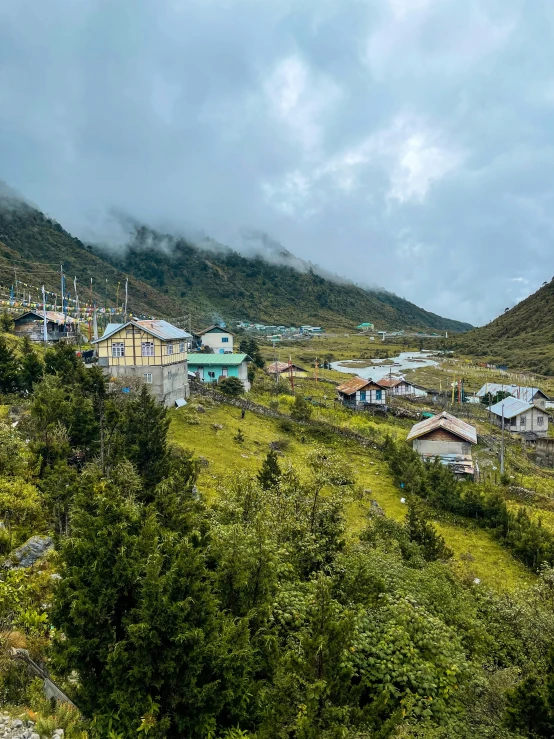 village in the mountains with trees and houses