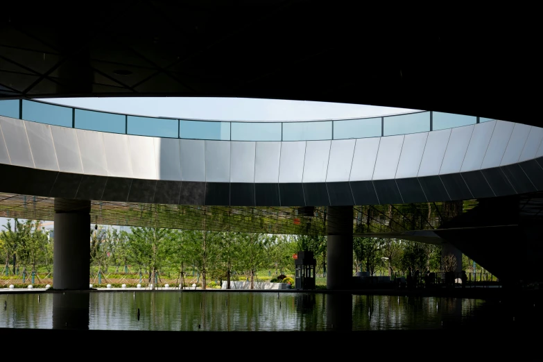 this is a very large circular glass window on top of a building