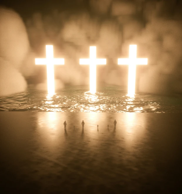 three cross floating in the ocean at night