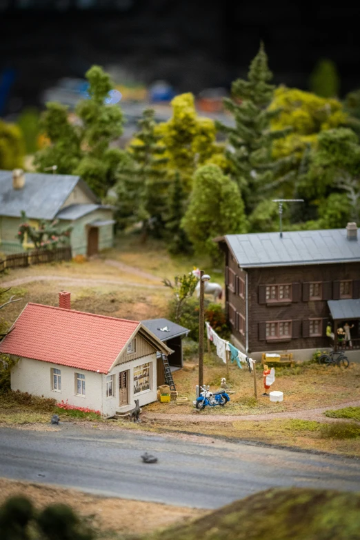 a town view with a small cabin in the middle of it