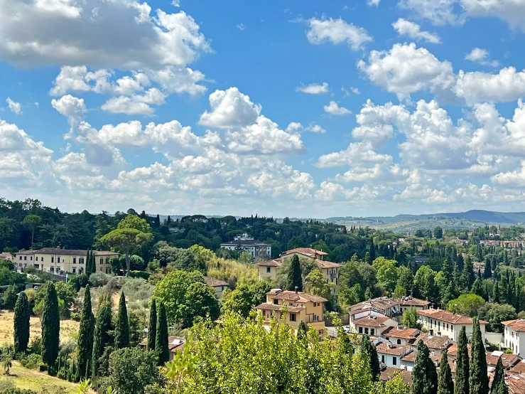 the countryside with houses and trees on a sunny day