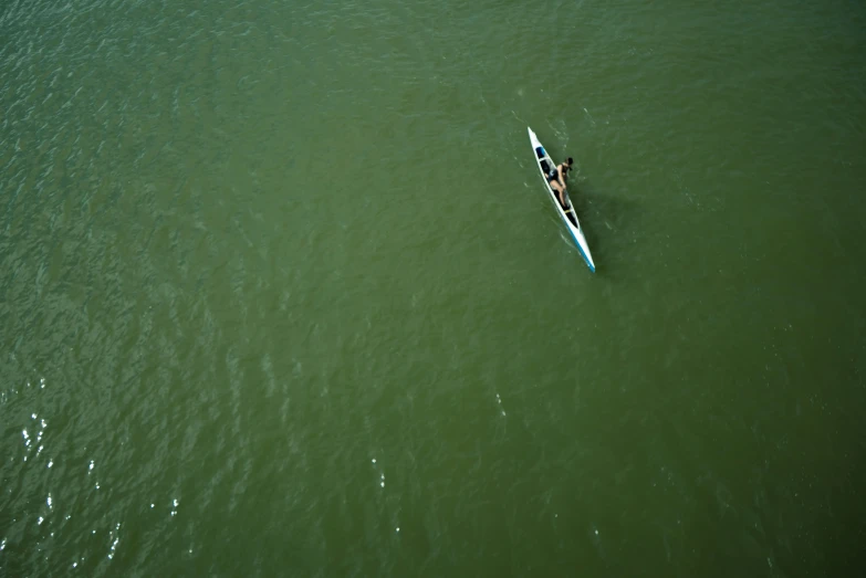 a single person paddles in a small boat on the ocean