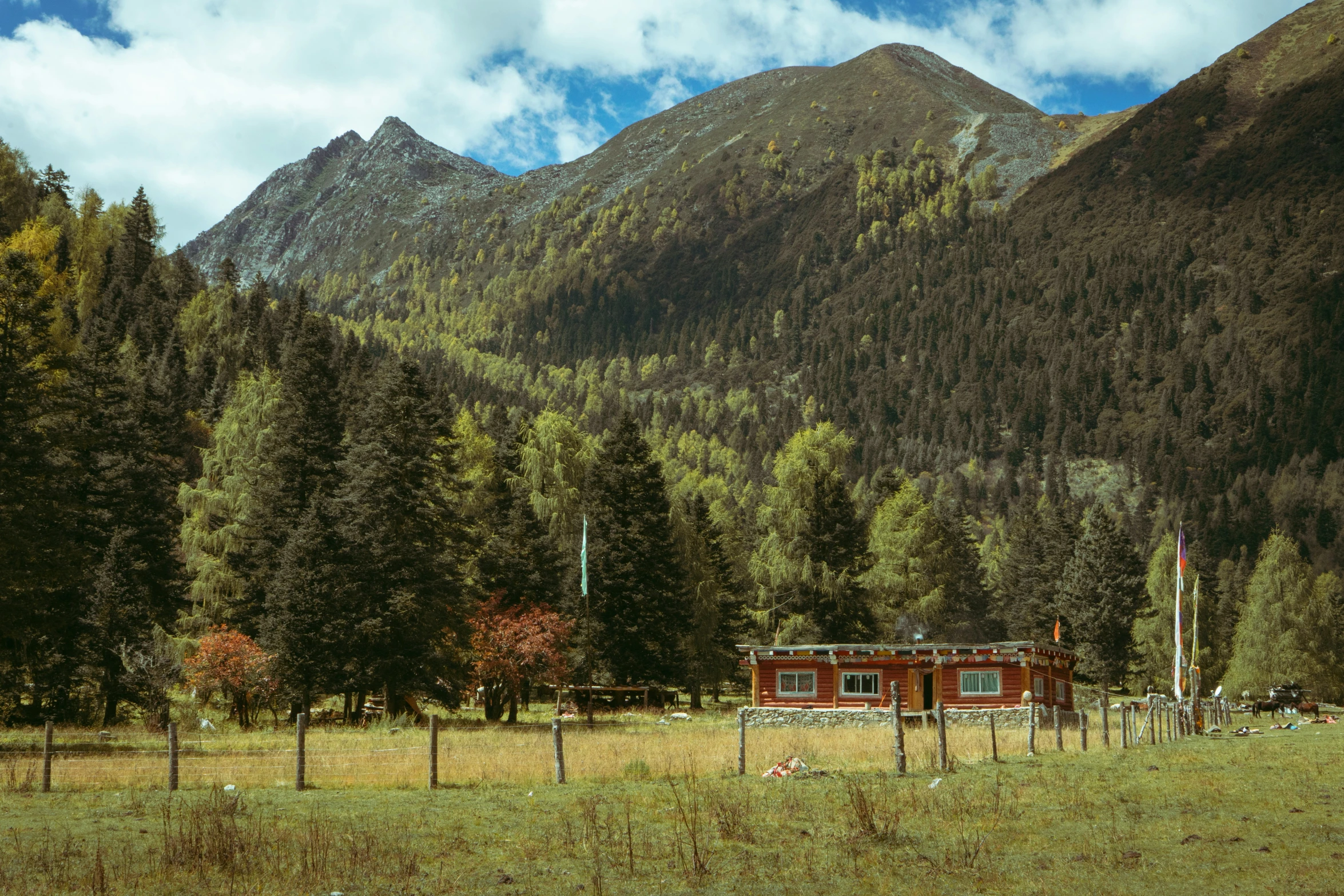 the cabin is in the middle of the green hills