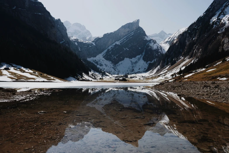 mountains are shown in the background while the water reflects them