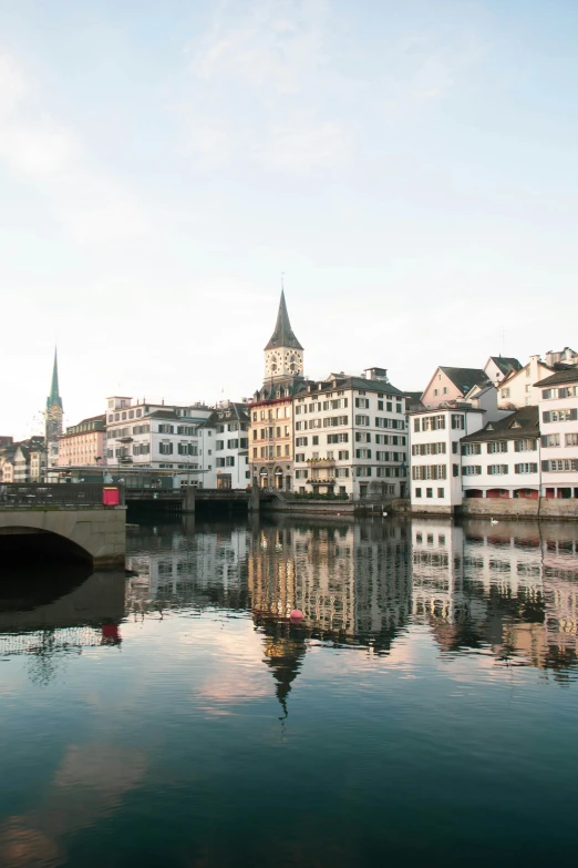 buildings in the distance are on either side of a river