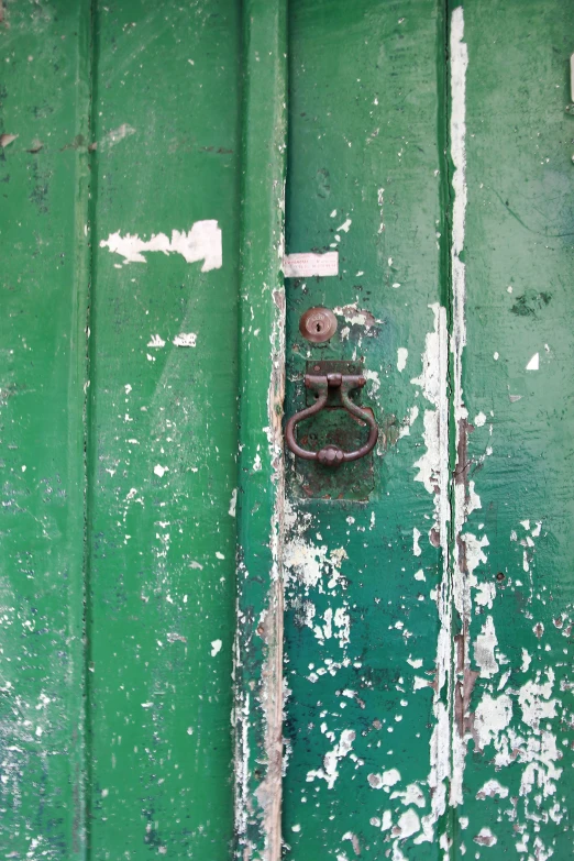 a door with handles is painted green and rusty