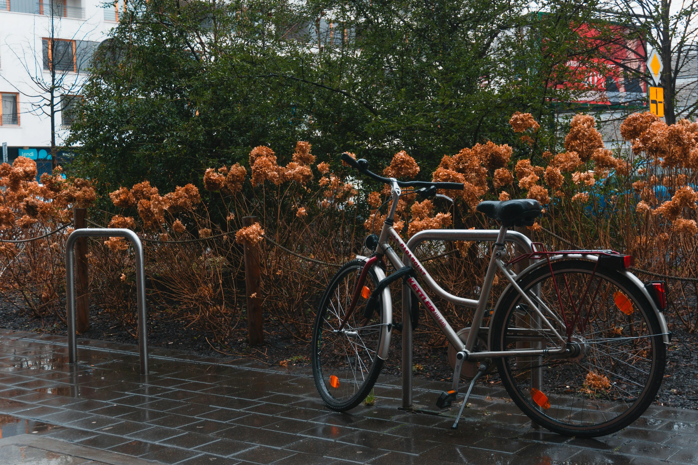 there are some bicycles parked on the side of the street