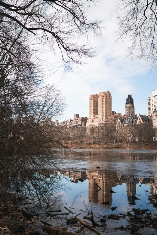 city buildings are standing on a hill above a body of water