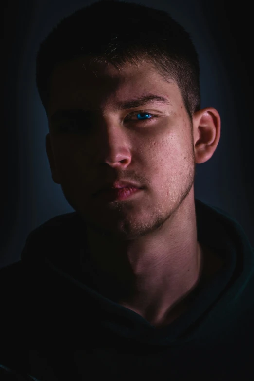 a man is posing for a pograph in the dark