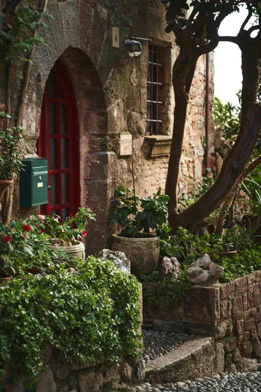 an image of a red door and flower garden