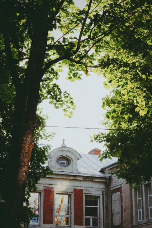 an old house with red shutters near many trees