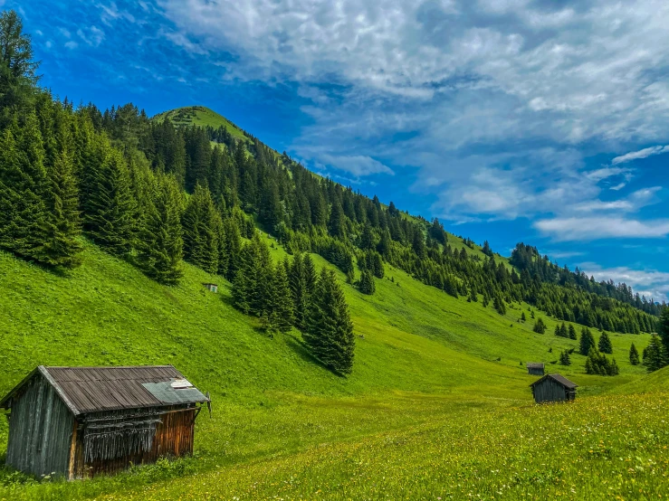 two cabin in a green field next to a mountain